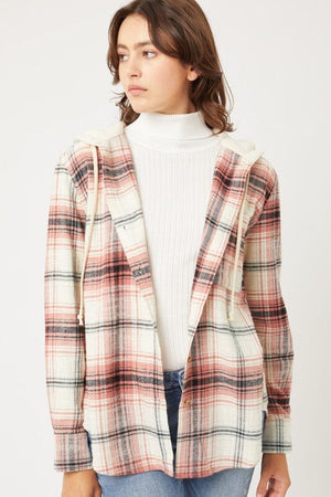Plaid Flannel Button Up Shacket with Hood Love Tree TERRA COTTA S 