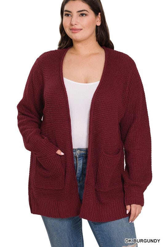 PLUS Low Gauge Waffle Open Cardigan Sweater ZENANA BLACK 1X 