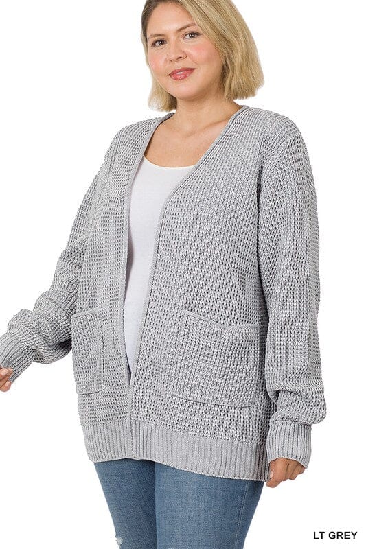 PLUS Low Gauge Waffle Open Cardigan Sweater ZENANA BLACK 1X 