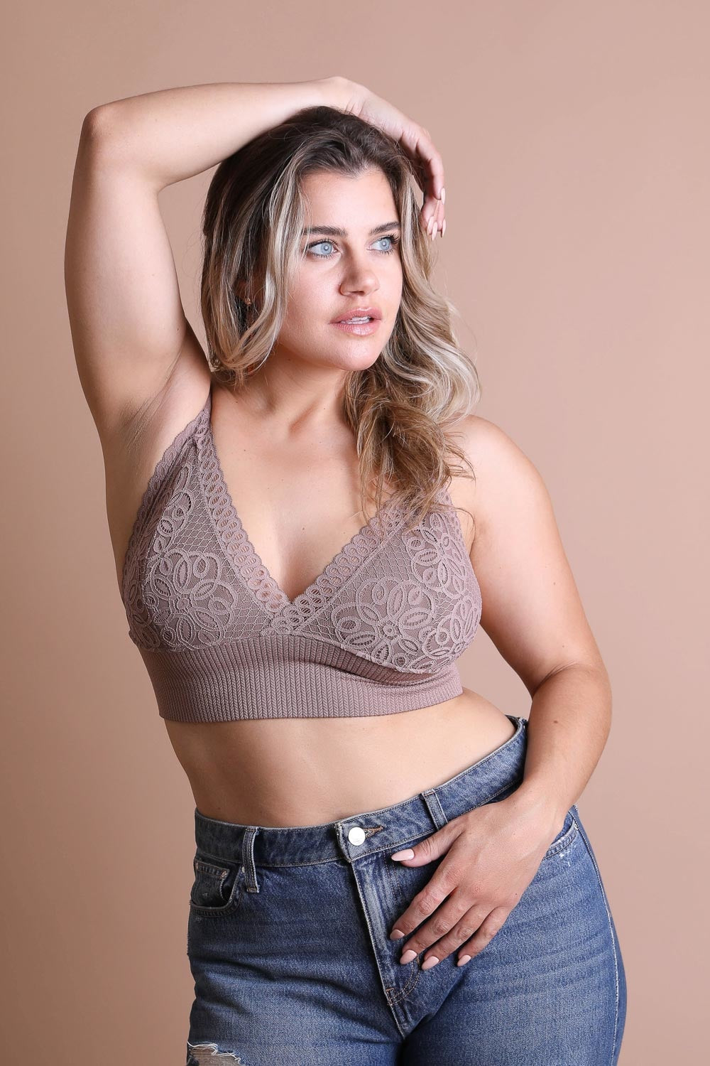 Plus size lace mocha brami top with loop waistband for layering.