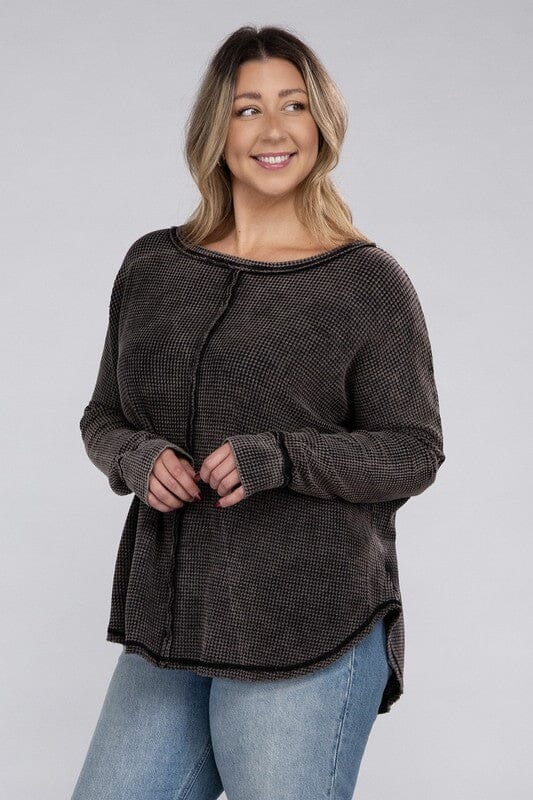 Plus Washed Baby Waffle Oversized Long Sleeve Top ZENANA 