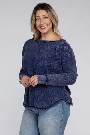 Plus Washed Baby Waffle Oversized Long Sleeve Top ZENANA 