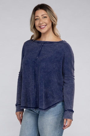 Plus Washed Baby Waffle Oversized Long Sleeve Top ZENANA 