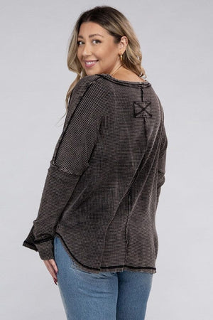 Plus Washed Baby Waffle Oversized Long Sleeve Top ZENANA 