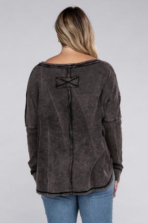 Plus Washed Baby Waffle Oversized Long Sleeve Top ZENANA 