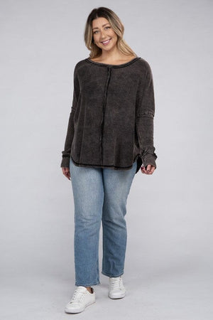 Plus Washed Baby Waffle Oversized Long Sleeve Top ZENANA 