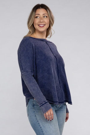 Plus Washed Baby Waffle Oversized Long Sleeve Top ZENANA 