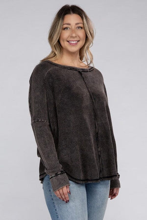 Plus Washed Baby Waffle Oversized Long Sleeve Top ZENANA 