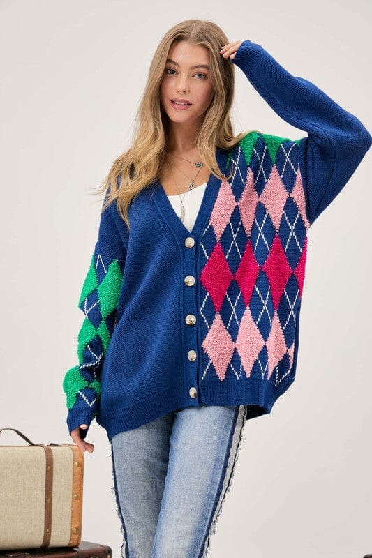 Plush Argyle Button Front Loose Fit Knit Cardigan Davi & Dani Teal Multi S 