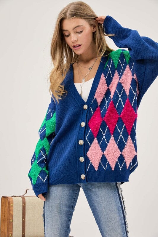 Plush Argyle Button Front Loose Fit Knit Cardigan Davi & Dani Teal Multi S 