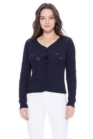 Pointelle Patterned Button Down Sweater Cardigan Mak Navy S 