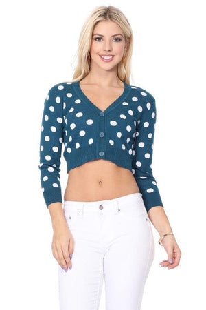 Polka Dot Jacquard Cropped Bolero Sweater Cardigan Mak Teal Blue/Ivory S 