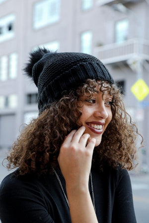 Pom Beanie with Faux Sherpa Lining Hats & Hair Leto Collection Black 