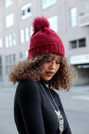 Pom Beanie with Faux Sherpa Lining Hats & Hair Leto Collection Burgundy 