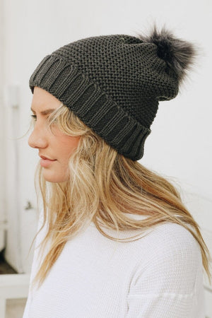 Pom Beanie with Faux Sherpa Lining Hats & Hair Leto Collection Gray 