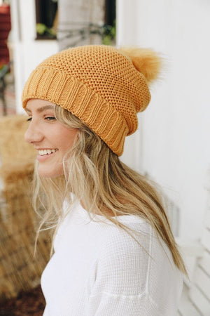 Pom Beanie with Faux Sherpa Lining Hats & Hair Leto Collection Mustard 