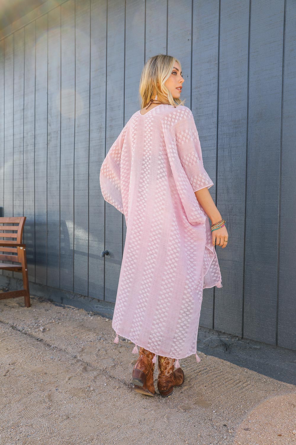 Pom Trimmed Jacquard Kimono Blush