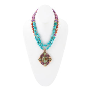 Prescott Blue Turquoise Purple and Orange Statement Pendant Golden Necklace