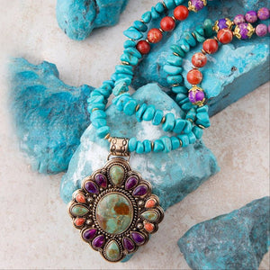 Prescott Blue Turquoise Purple and Orange Statement Pendant Golden Necklace