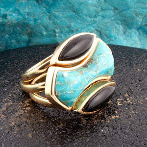 Puzzle Blue Turquoise and Black Onyx Golden Ring Set