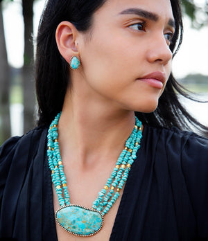 Refined Blue Turquoise Golden Statement Necklace