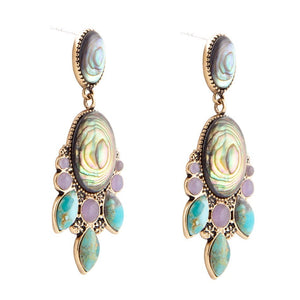 Regal Blue Abalone Mixed Stone Golden Statement Drop Earrings