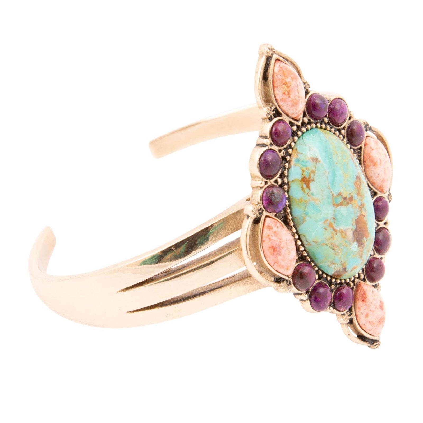 Regalia Blue Turquoise Purple and Orange Coral Golden Cuff Bracelet