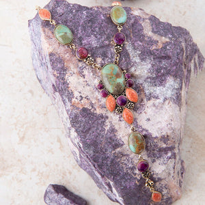 Regalia Blue Turquoise Purple and Orange Coral Golden Y Necklace