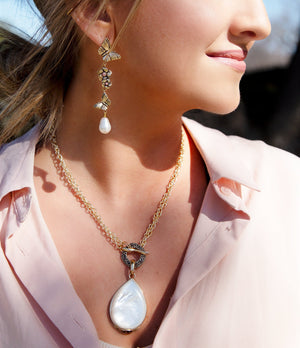 Rhodonite and White Pearl Golden Butterflies Post Drop Earrings