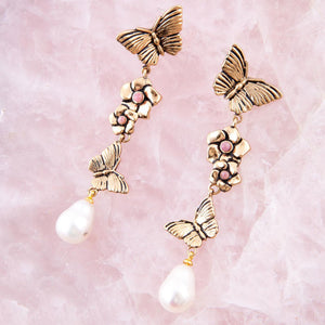 Rhodonite and White Pearl Golden Butterflies Post Drop Earrings