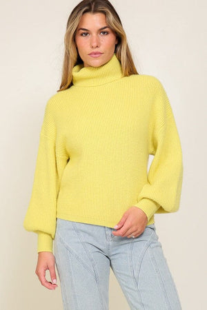 Rib Knitted Turtleneck Sweater with Bishop Sleeve Lumiere Lemon S 