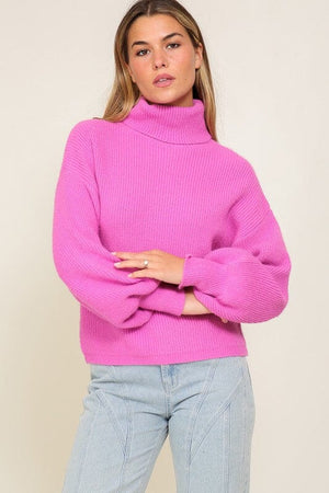 Rib Knitted Turtleneck Sweater with Bishop Sleeve Lumiere Pink S 