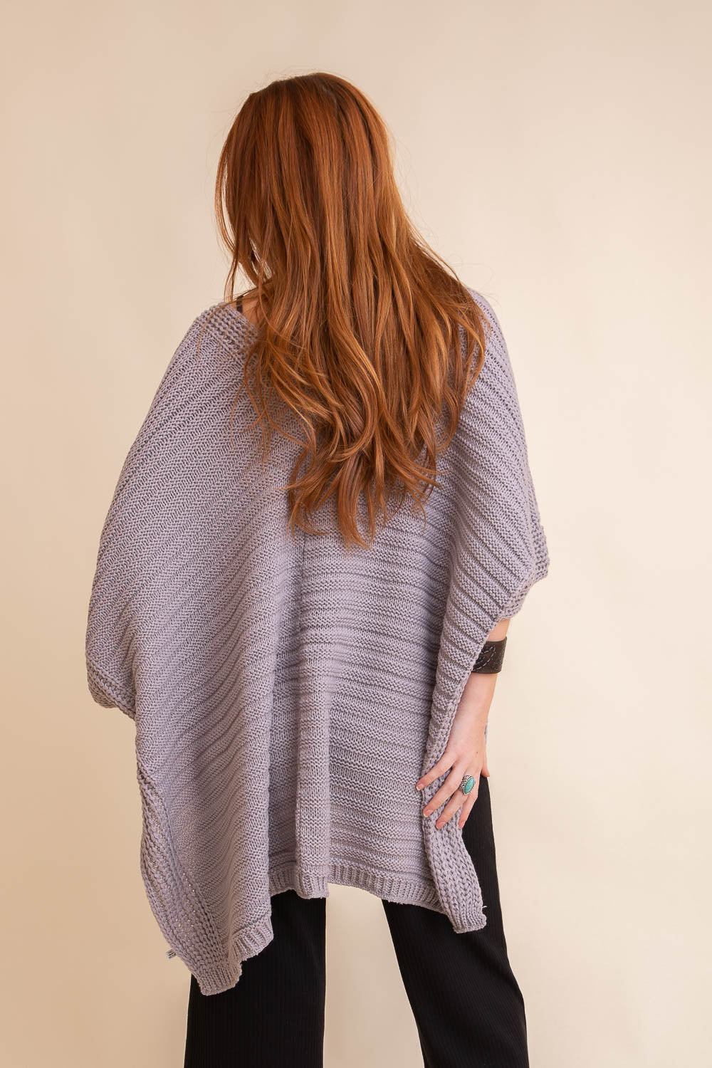 Gray Ridged rib knit ruana, lightweight layering wrap for stylish outfits.