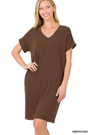 ROLLED SHORT SLEEVE V-NECK DRESS ZENANA 