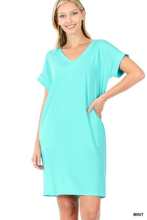 ROLLED SHORT SLEEVE V-NECK DRESS ZENANA 