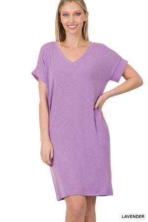 ROLLED SHORT SLEEVE V-NECK DRESS ZENANA 