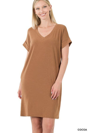 ROLLED SHORT SLEEVE V-NECK DRESS ZENANA 