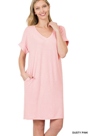 ROLLED SHORT SLEEVE V-NECK DRESS ZENANA 