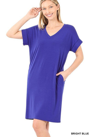 ROLLED SHORT SLEEVE V-NECK DRESS ZENANA 