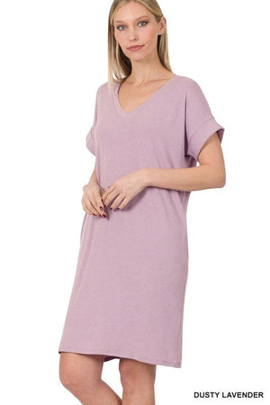 ROLLED SHORT SLEEVE V-NECK DRESS ZENANA 