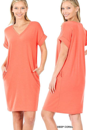 ROLLED SHORT SLEEVE V-NECK DRESS ZENANA 