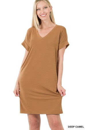 ROLLED SHORT SLEEVE V-NECK DRESS ZENANA 