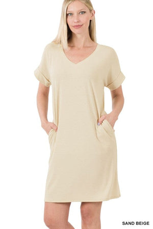 ROLLED SHORT SLEEVE V-NECK DRESS ZENANA 