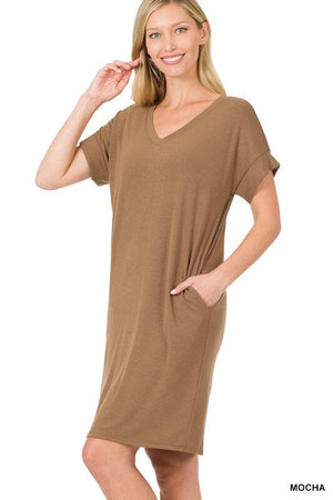 ROLLED SHORT SLEEVE V-NECK DRESS ZENANA 