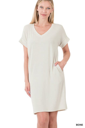 ROLLED SHORT SLEEVE V-NECK DRESS ZENANA 