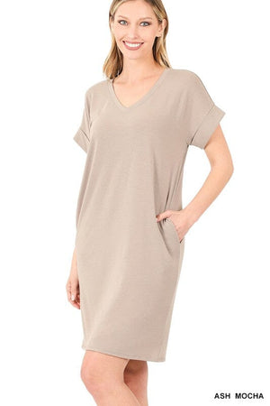 ROLLED SHORT SLEEVE V-NECK DRESS ZENANA ASH MOCHA S 