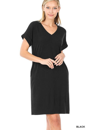 ROLLED SHORT SLEEVE V-NECK DRESS ZENANA BLACK S 