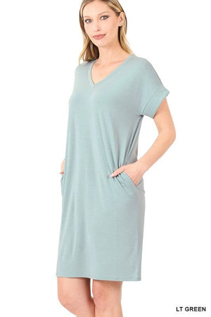 ROLLED SHORT SLEEVE V-NECK DRESS ZENANA LT GREEN S 