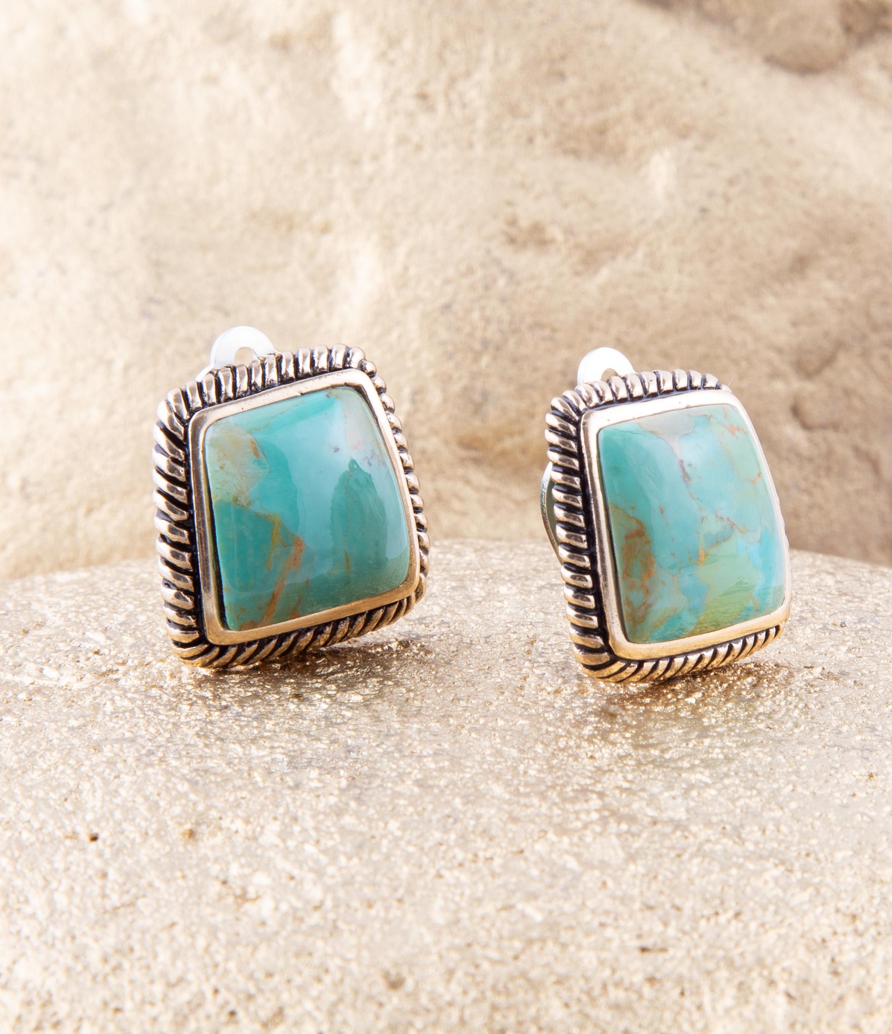 Roped Blue Turquoise Golden Clip Earrings