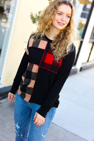 Run With It Red & Fawn Plaid Color block Outseam Top Haptics 